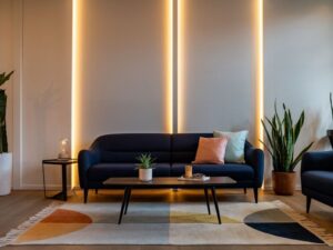 Elegancki salon z granatową sofą i geometrycznym dywanem