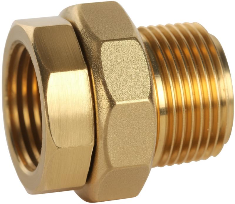 Śrubunek mosiężny – zbliżenie na element z gwintem zewnętrznym i nakrętką łączącą.